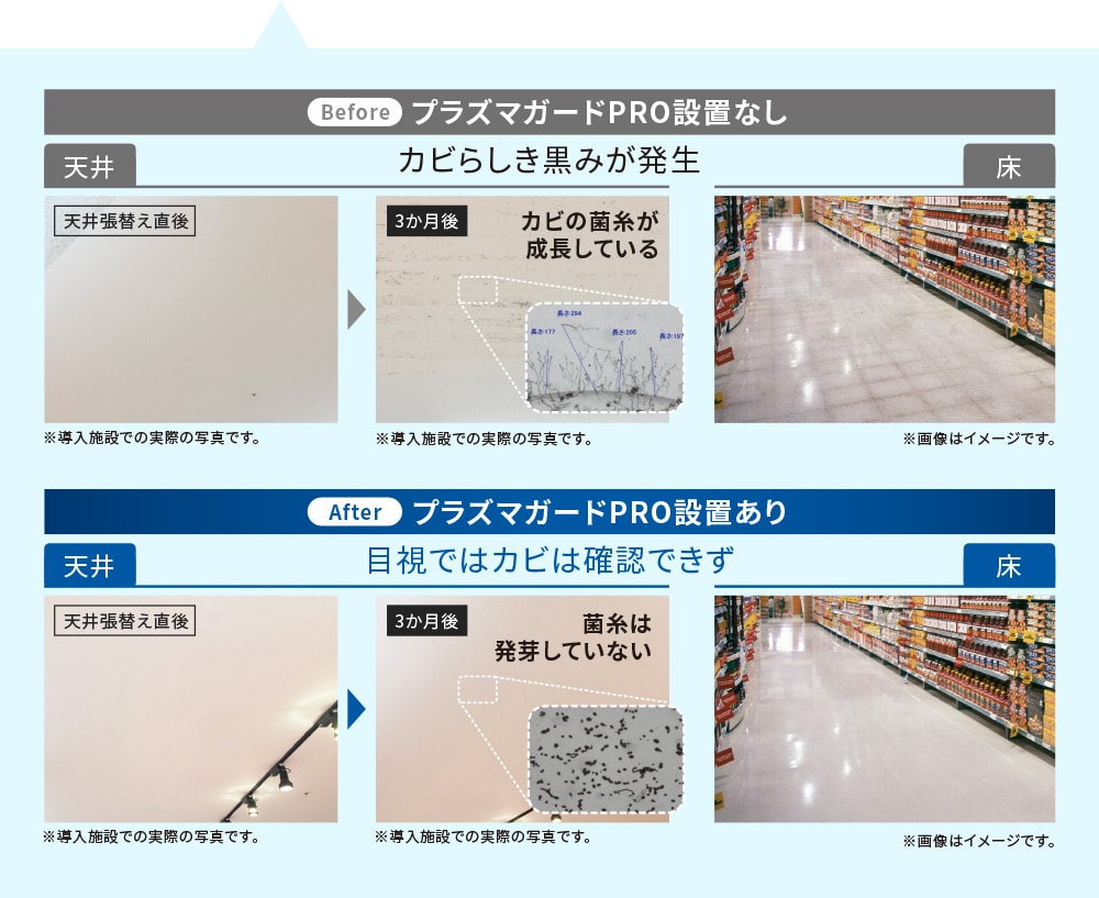プラズマガードPRO設置無し⇒カビらしき黒みが発生。プラズマガードPRO設置あり⇒目視ではカビ確認できず。