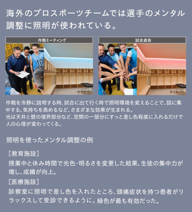 海外のプロスポーツチームでは選手のメンタル調整に照明が使われている。