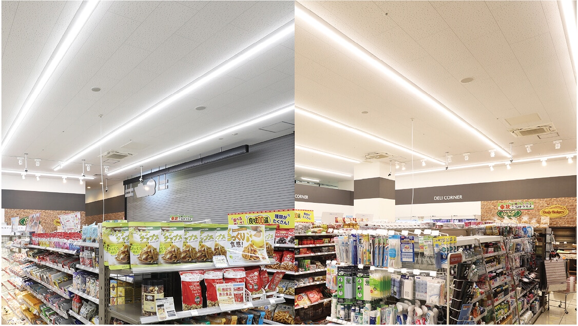 浜松町のデイリーヤマザキの店内。朝から午前中の5000Kの光、夕方からの夜の3000～3500Kの光。