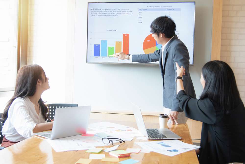 電子タイプのホワイトボードでプレゼンをする男性