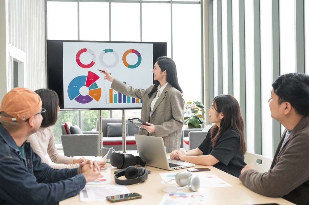 電子黒板を使って会議をするスタッフ