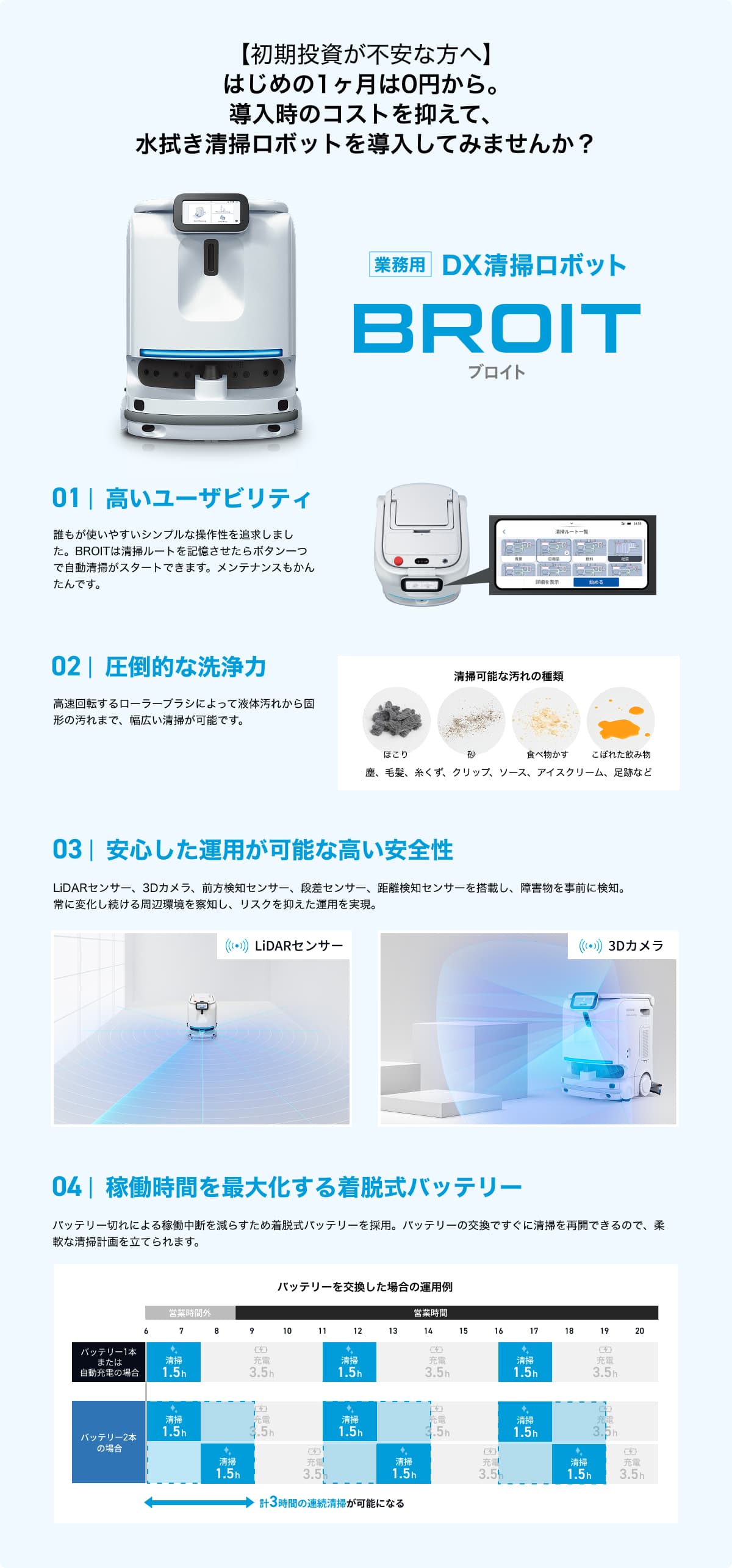 【初期投資が不安な方へ】はじめの1ヶ月は0円から。導入時のコストを抑えて、水拭き清掃ロボットを導入してみませんか？