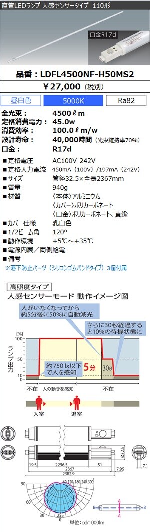 LDFL4500NF-H50MS2（＜ECOHiLUX HE センサー＞ 人感ｾﾝｻｰ付直管LEDﾗﾝﾌﾟ 