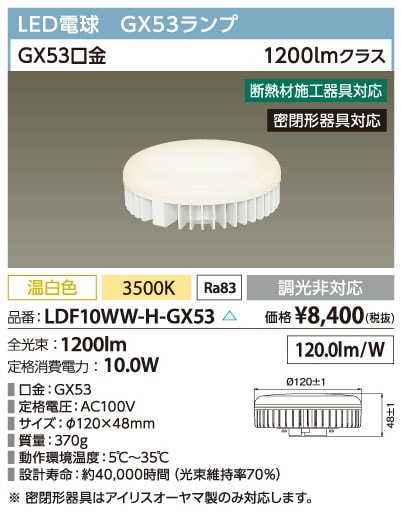 LDF10WW-H-GX53（LED電球 温白色 GX53）｜LED照明｜法人のお客様