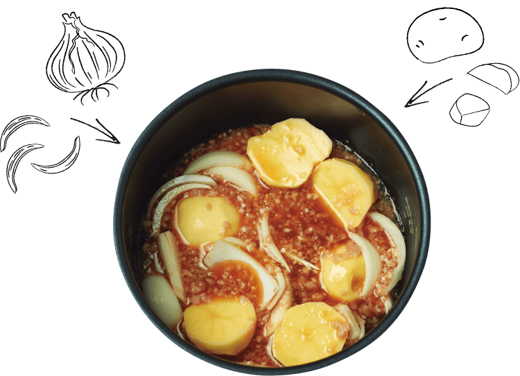 調味料と一緒に材料を鍋にセット