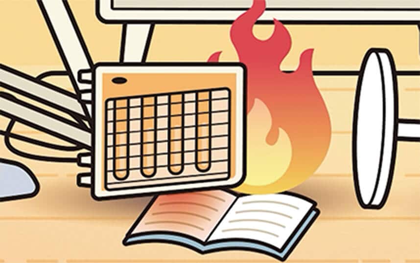 倒れたヒーターと本や雑誌などが接触