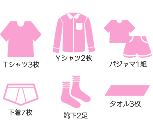 Tシャツ3枚、Yシャツ2枚、パジャマ1組、下着7枚、靴下2足、タオル3枚