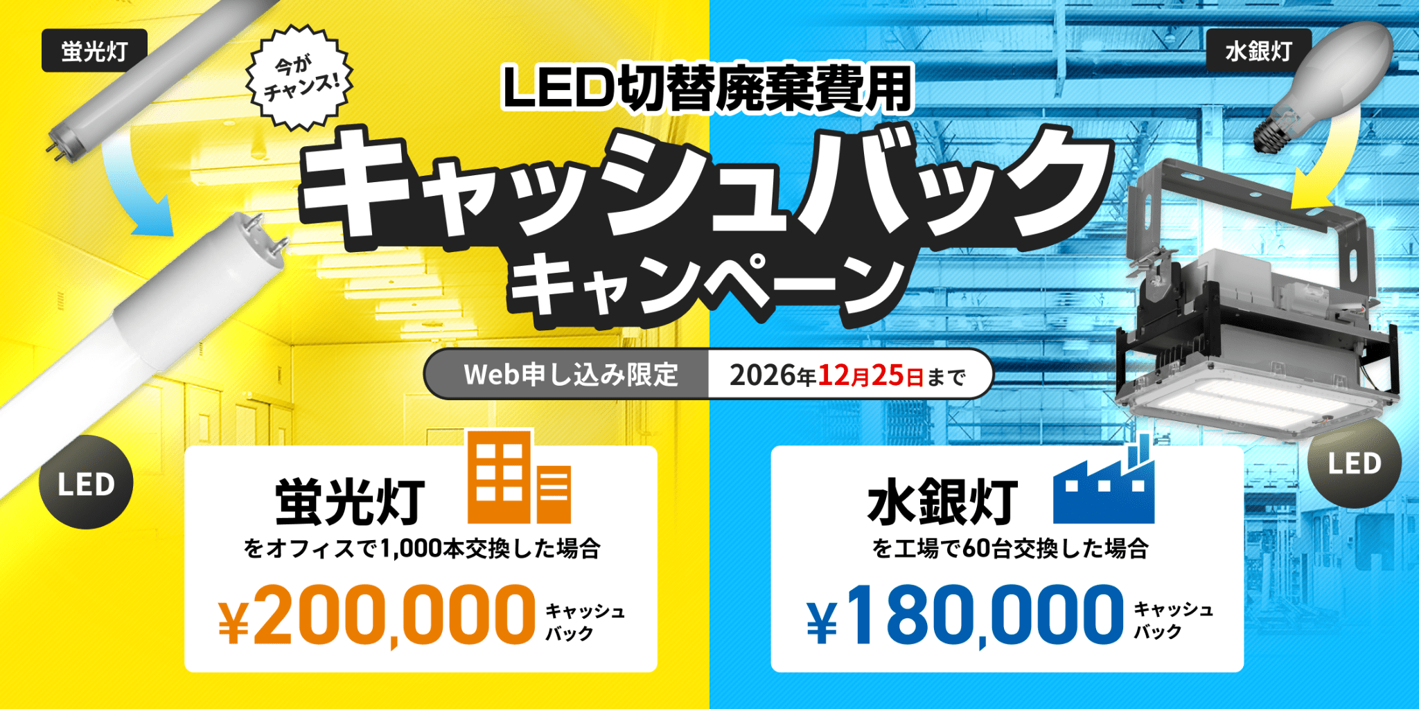 蛍光灯ｘ水銀灯キャッシュバックキャンペーン　LED照明に切り替えた蛍光灯の本数×200円と水銀灯の台数×3,000円の廃棄費用をキャッシュバック!!