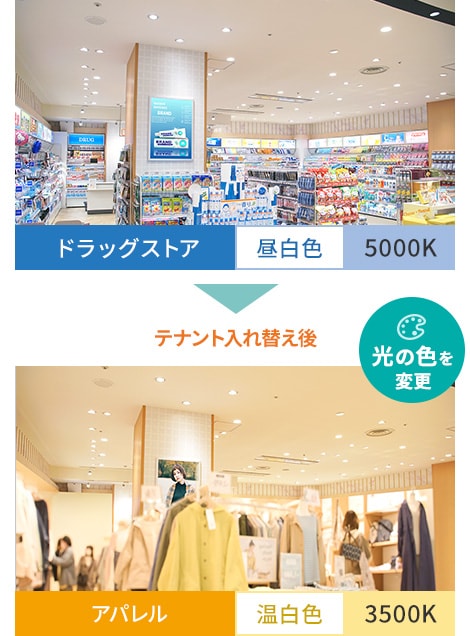 ドラッグストア：昼白色 5000K → アパレル：温白色 3500K