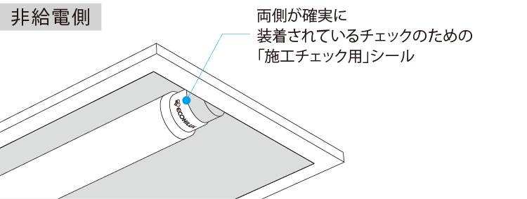 両側が確実に装着されているチェックのための「施工チェック用」シール（非給電側）