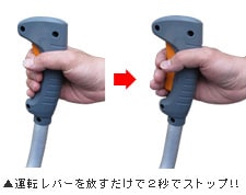 運転レバーを離すだけで２秒でストップ！！