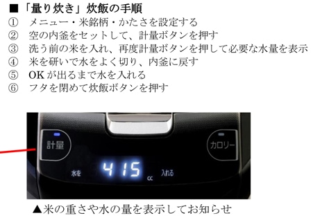 米の重さや水の量を表示してお知らせ
