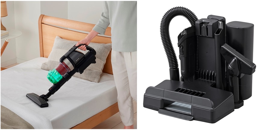 延長パイプを外し、本体に直接フロアヘッドを取り付けることでハンディクリーナーとしての使用もできます。全てのアタッチメントはスタンドと同じ場所に立てることで場所を取らずに収納が可能です。