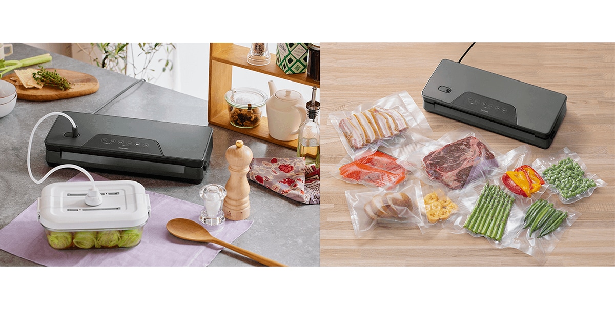 食材の傷みや変色を防ぎ、鮮度が長持ち 「真空パック機」新発売 同時発売の「耐熱ガラス容器」で汁気の多い料理も保存できる