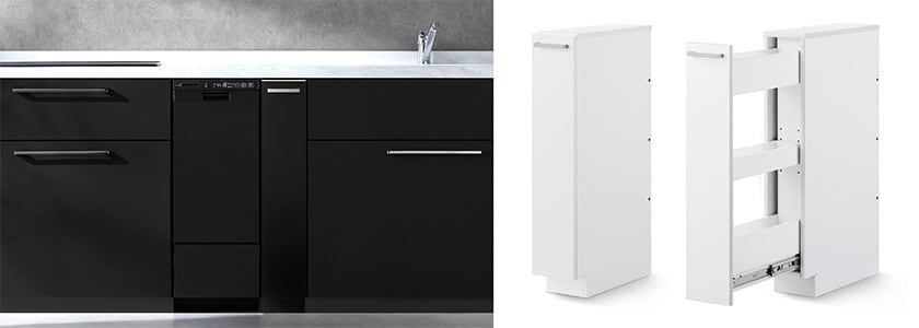 幅45cmのビルトイン食器洗い乾燥機から幅30cmの機種へ交換し、15cmの隙間にサイドキャビネットを設置するイメージ