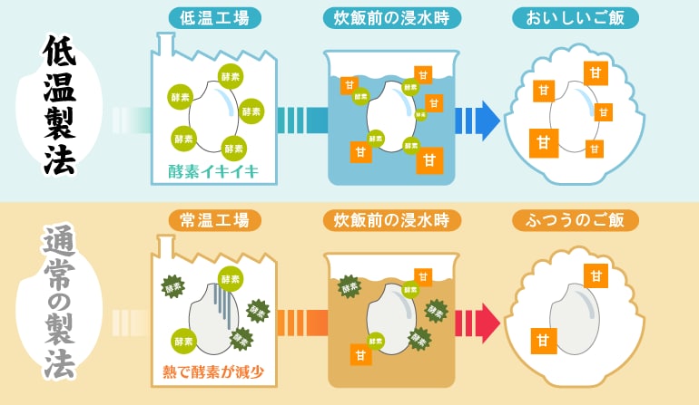 通常の製法と低温製法を比べると、低温製法の方がより一層ご飯が甘くおいしくなります