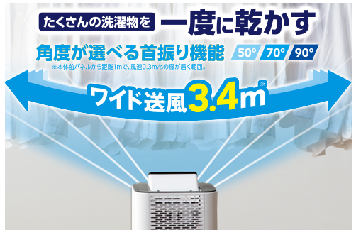 ワイド送風で広範囲をムラなく乾燥